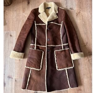 Theory Neil Brown Genuine Leather Shearling Coat Patchwork Long Jacket Womens S